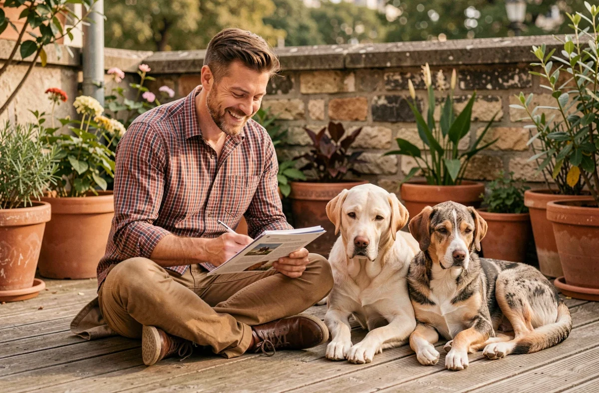 Un éducateur de 1001Pattes assis avec un labrador et un chien croisé dans un jardin urbain parisien