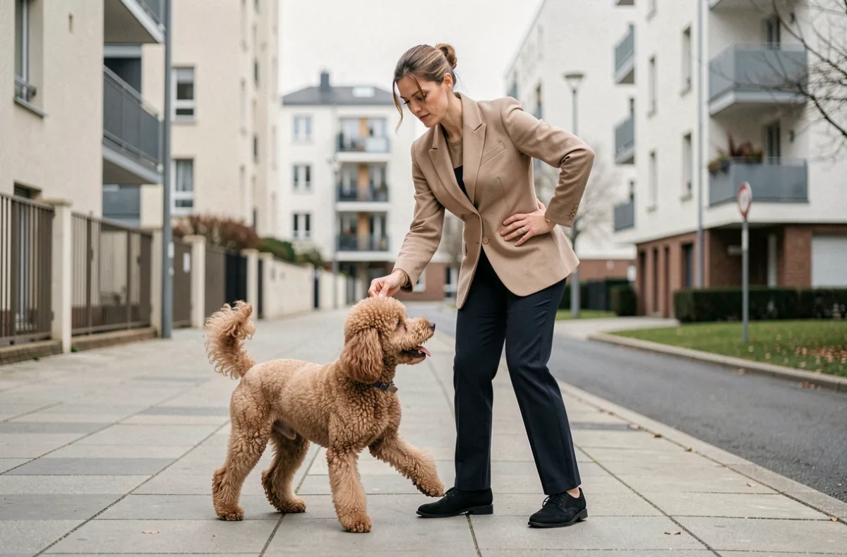Une éducatrice de 4 Pattes à Modeler travaillant la marche au pied avec un caniche sur un trottoir parisien