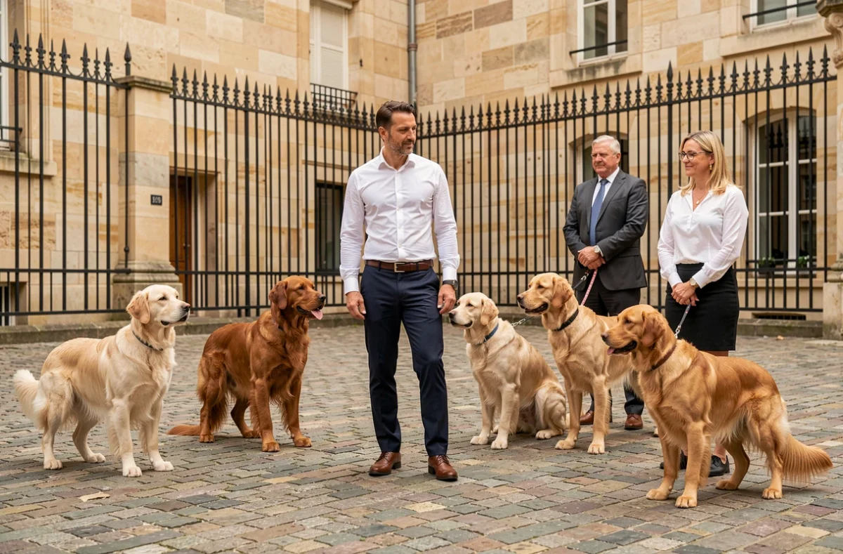 Un formateur de l'Académie des Chiens de Paris dirigeant une séance d'obéissance collective dans une cour en pierre