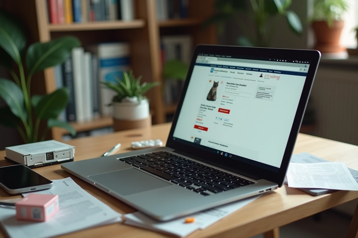 Ordinateur portable affichant un site de pharmacie en ligne pour acheter des contraceptifs pour chat, avec une boîte de médicament et des documents sur un bureau