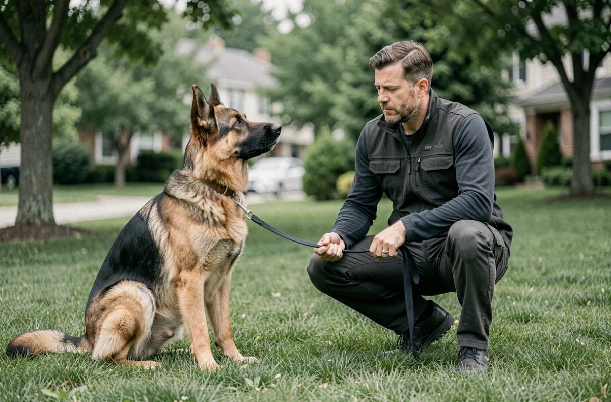 Un éducateur canin d'Acte Chien travaillant en individuel avec un berger allemand en laisse dans un parc