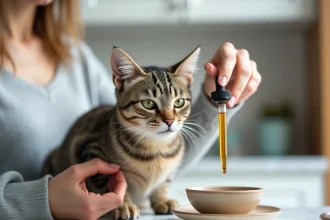 Femme administrant de l'argent colloïdal à un chat tabby dans une cuisine propre
