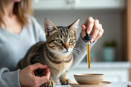 Femme administrant de l'argent colloïdal à un chat tabby dans une cuisine propre