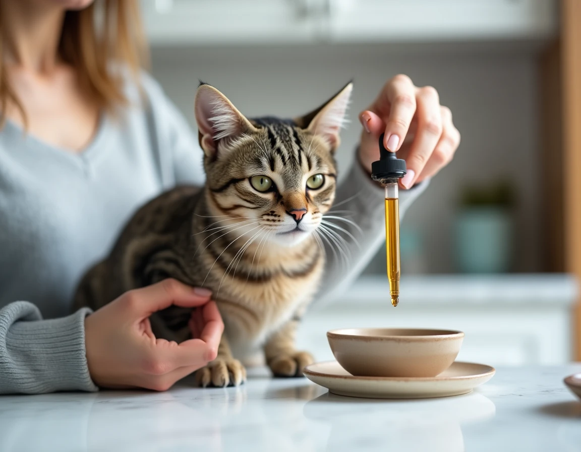 Femme administrant de l'argent colloïdal à un chat tabby dans une cuisine propre