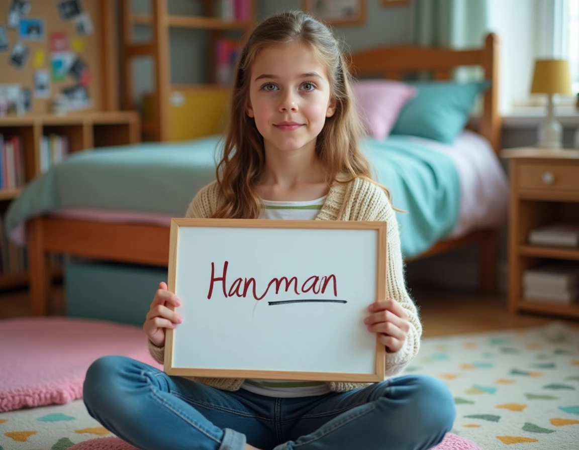 Adolescente tenant un tableau blanc avec un jeu du pendu représentant un animal en lettre Q