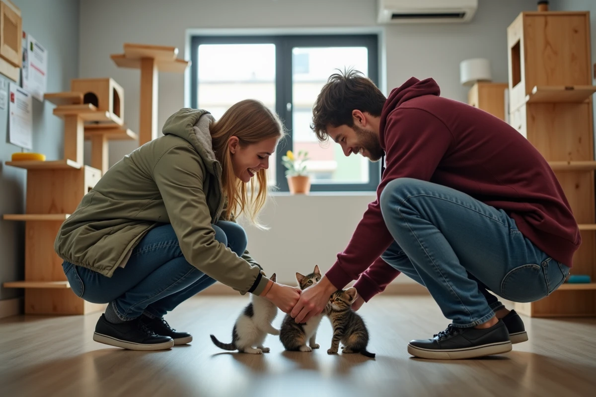 Couple visitant un centre d'adoption félin à Grenoble et jouant avec des chatons en enclos