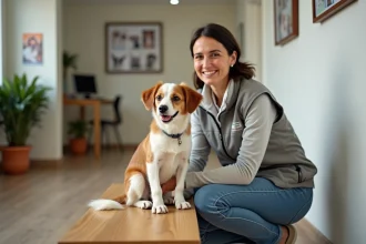Petit chien de race croisée assis dans un refuge animalier près de Langon avec une bénévole souriante