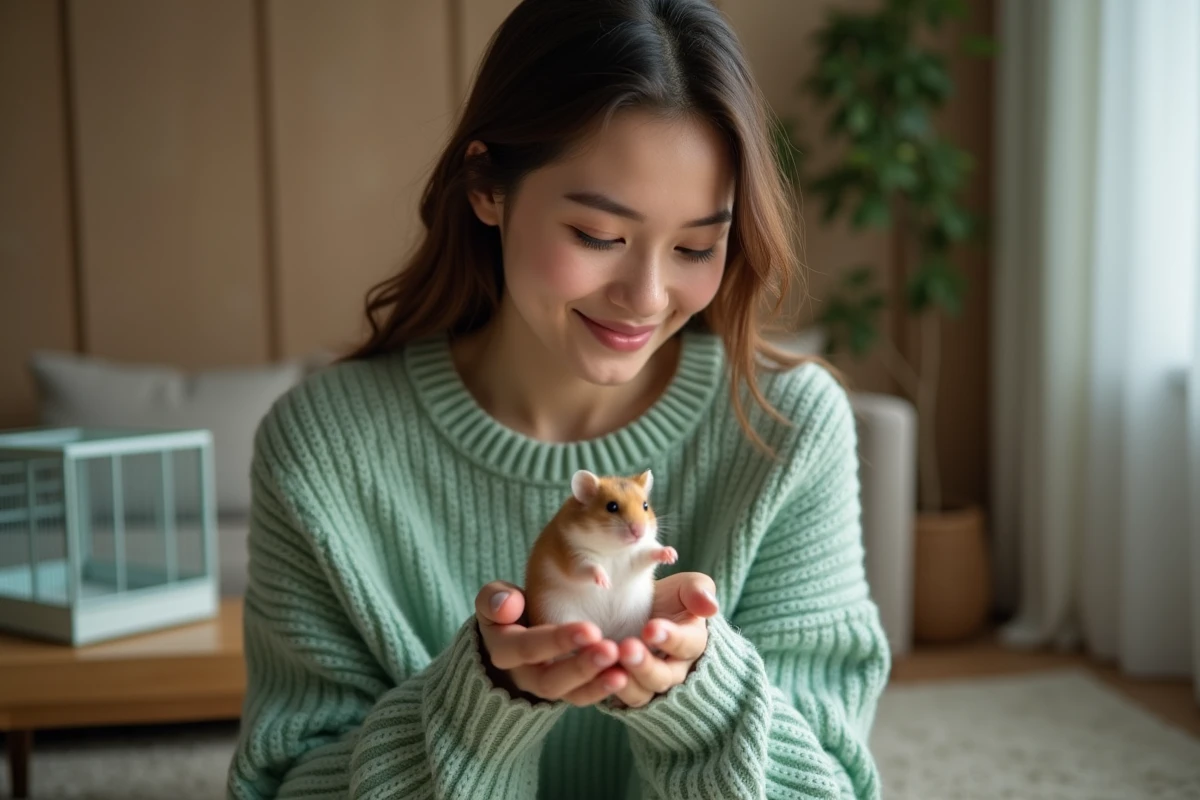 Jeune femme tenant un hamster russe dans ses mains après adoption à la maison