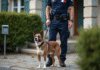 Agent de contrôle animal avec chien dans un jardin résidentiel