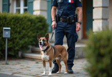 Agent de contrôle animal avec chien dans un jardin résidentiel