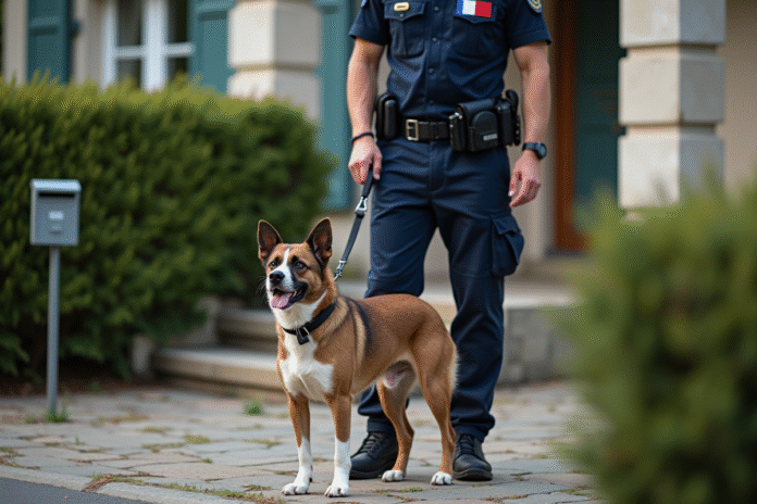 agent-control-chien-residence Agent de contrôle animal avec chien dans un jardin résidentiel