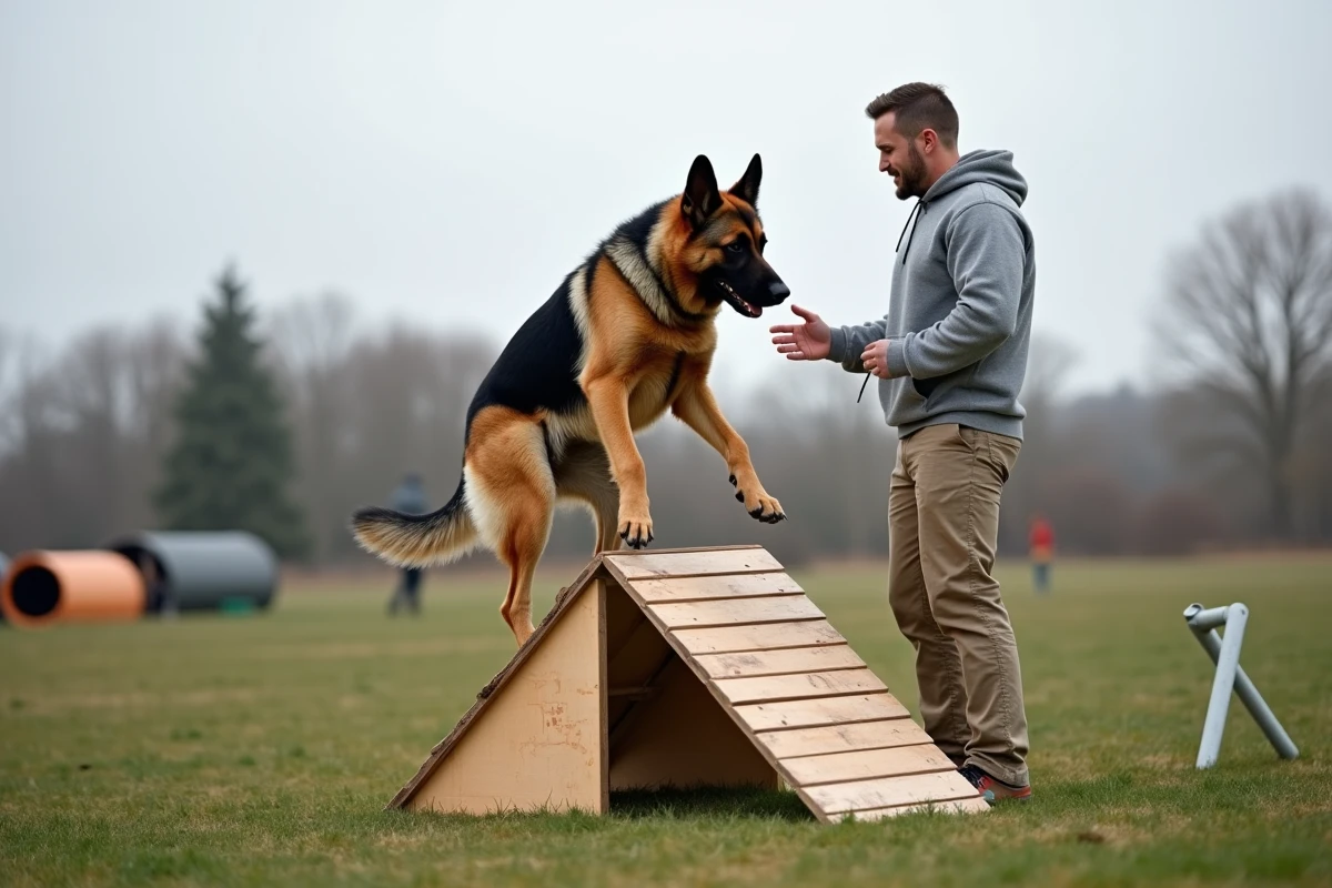 Homme guidant un croisé Malinois Berger allemand sur un obstacle d'agility en plein air