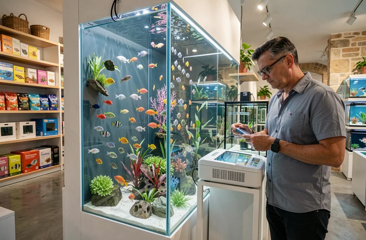 Intérieur d'Aix Aquarium à Aix-en-Provence avec mur d'aquariums et spécialiste en aquariophilie