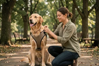 Femme ajustant un harnais rembourré sur un Golden Retriever dans un parc, vue en plan 3/4