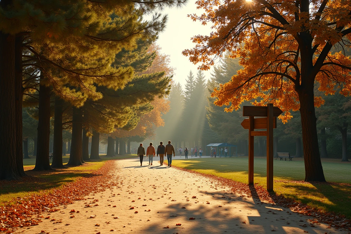 Allée calme du Zoo de La Palmyre en automne avec visiteurs en nombre réduit et feuillage doré