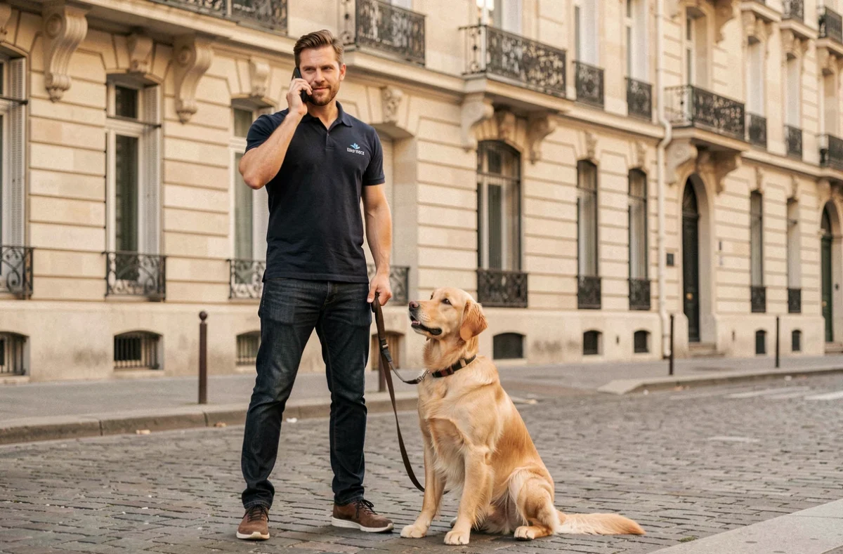Un éducateur canin répondant au téléphone avec son chien assis sagement à ses côtés dans Paris