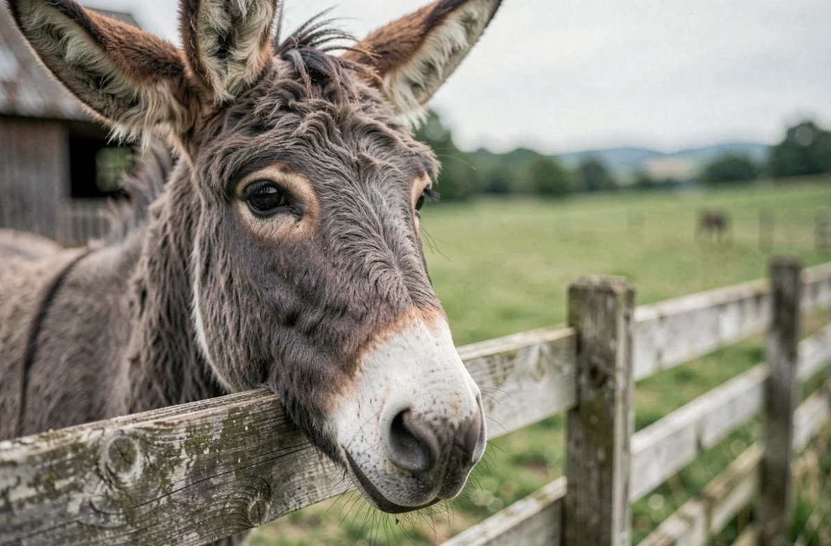 Âne domestique curieux appuyé sur une clôture en bois dans une ferme de campagne verdoyante