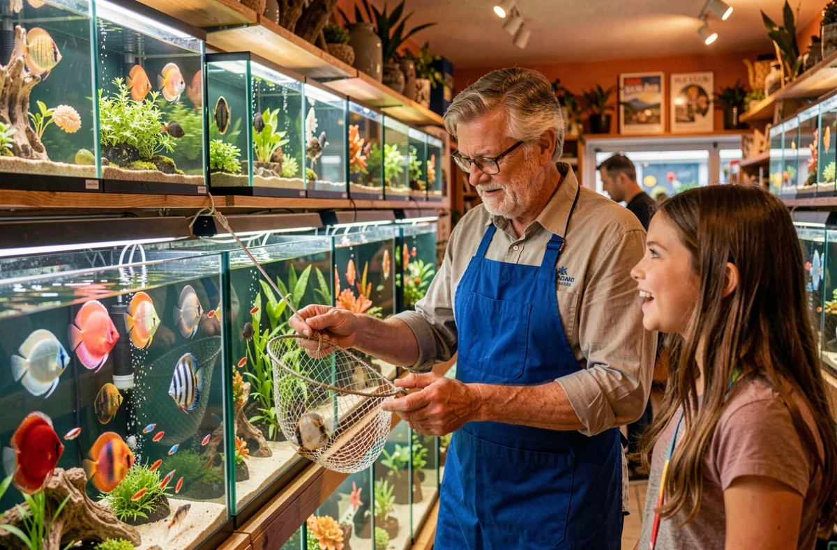 Intérieur d'Angel Tropical à Marseille avec spécialiste présentant des poissons tropicaux rares à une cliente