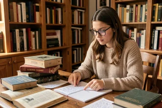Jeune femme étudiant une liste d'animaux en N pour le bac de français avec un dictionnaire ouvert sur un bureau en bois