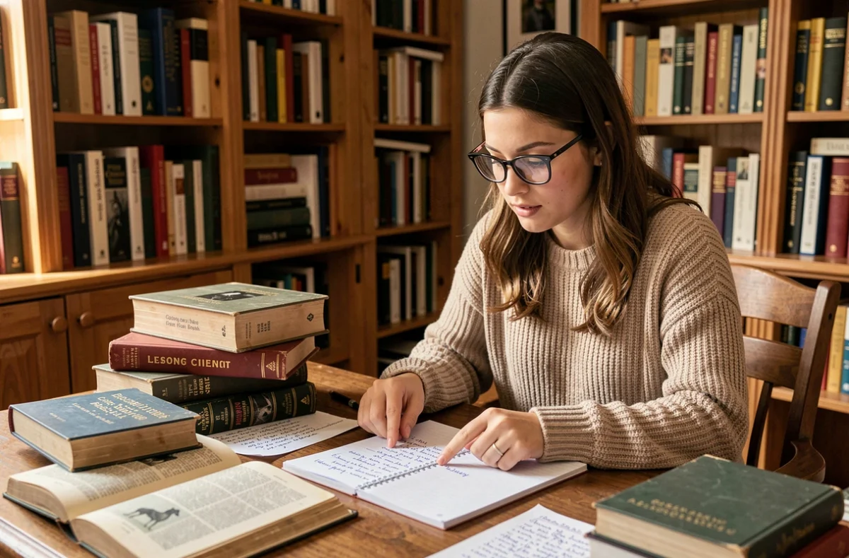 Jeune femme étudiant une liste d'animaux en N pour le bac de français avec un dictionnaire ouvert sur un bureau en bois