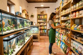 Intérieur d'une animalerie en Provence avec aquariums, accessoires pour animaux et employée en tablier vert
