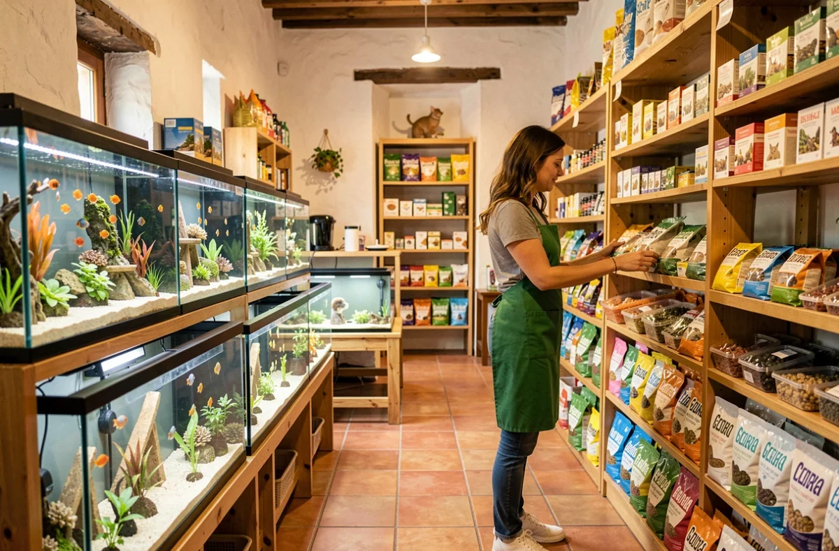 Intérieur d'une animalerie en Provence avec aquariums, accessoires pour animaux et employée en tablier vert