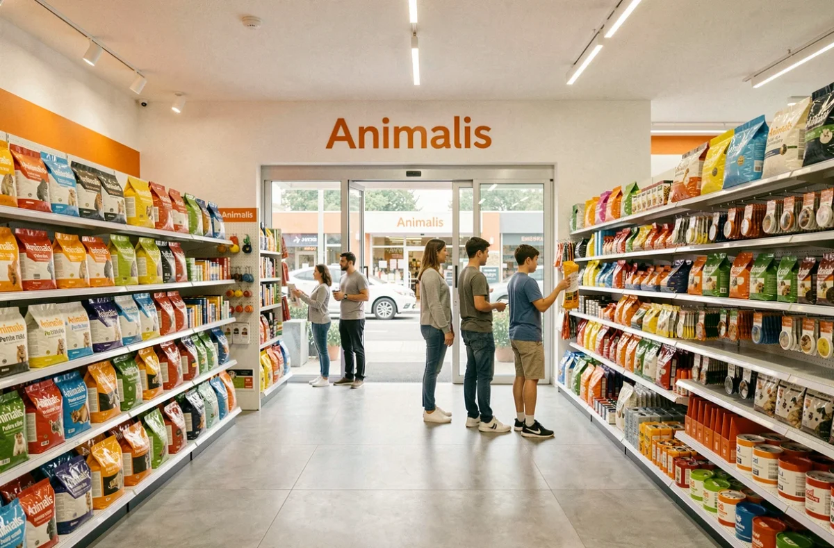 Entrée et allées d'un magasin Animalis en région PACA avec famille faisant ses achats