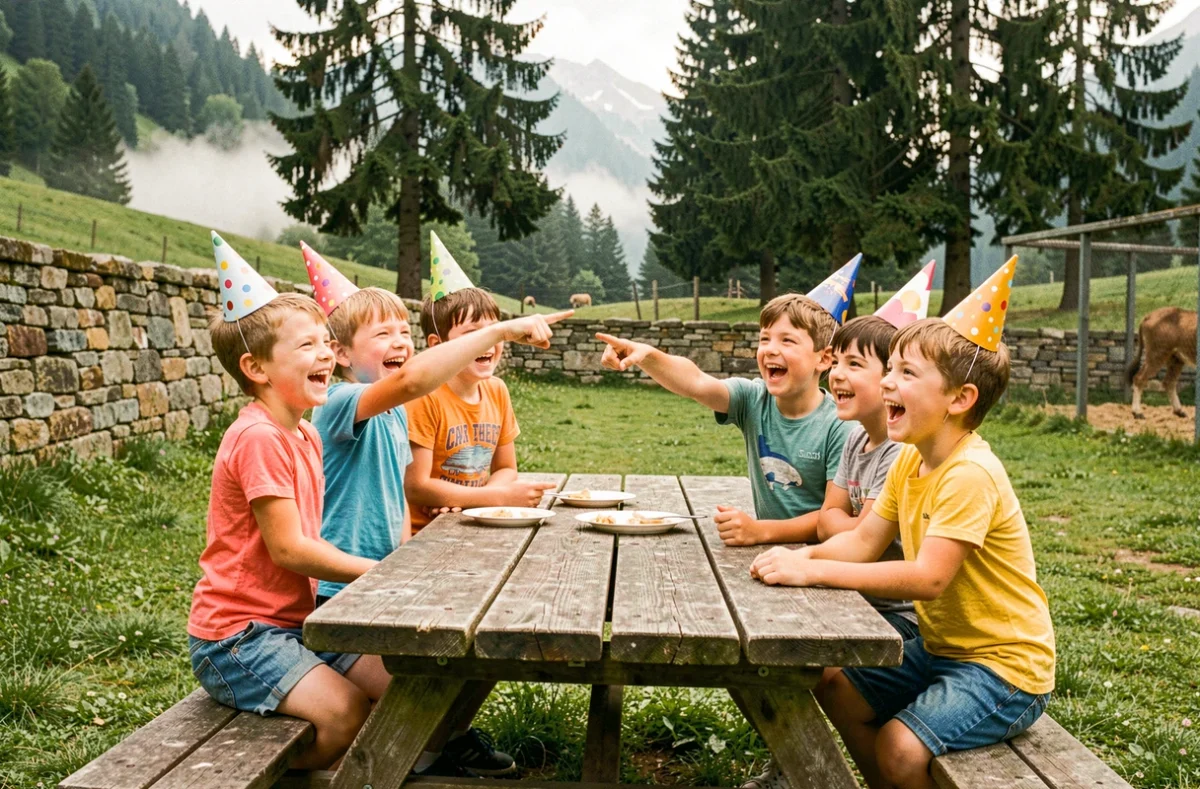 Groupe d'enfants fêtant un anniversaire autour d'une table en bois dans un parc animalier en Savoie entouré de sapins
