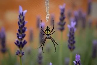 Araignée Argiope bruennichi au centre de sa toile dans un jardin provençal avec végétation méditerranéenne