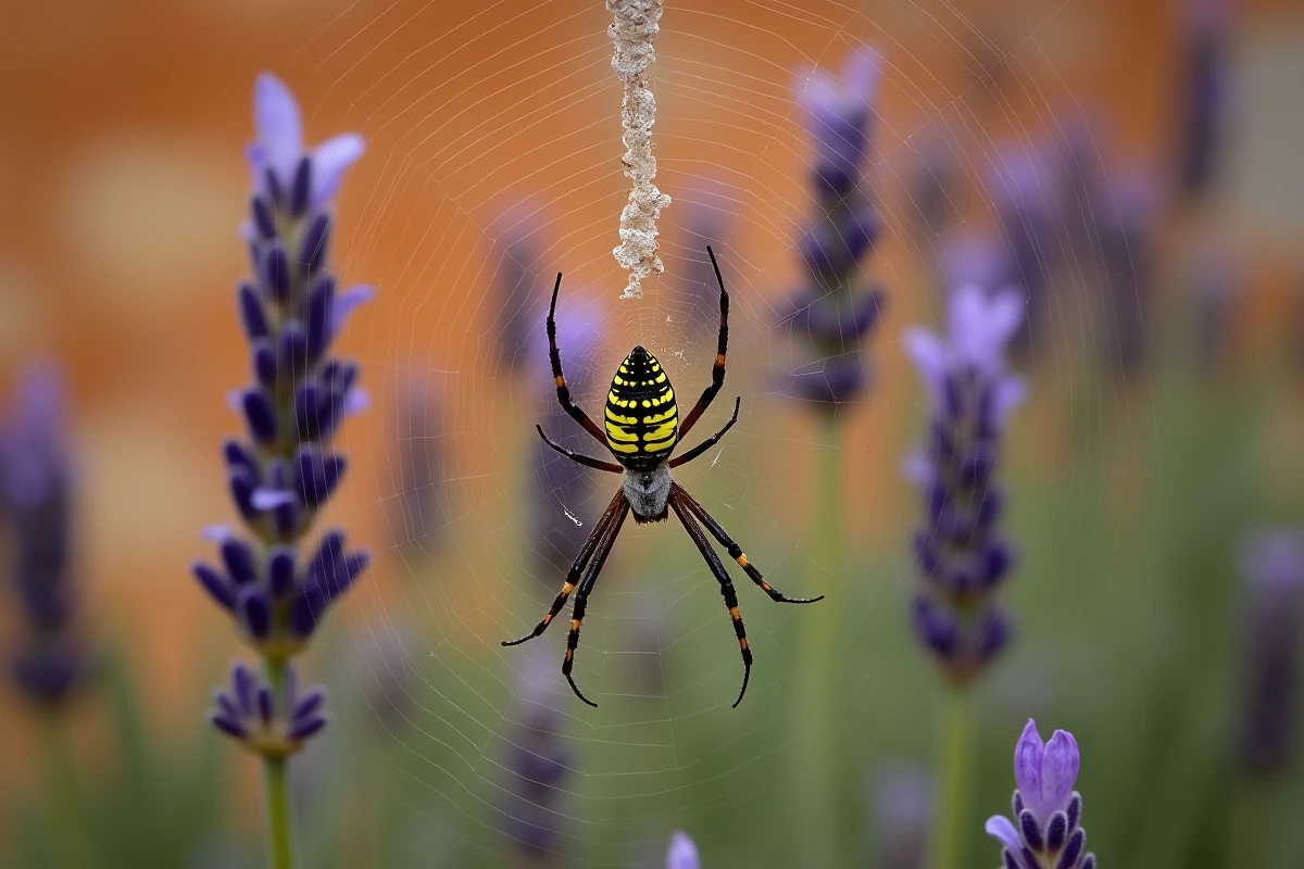 Araignée Argiope bruennichi au centre de sa toile dans un jardin provençal avec végétation méditerranéenne