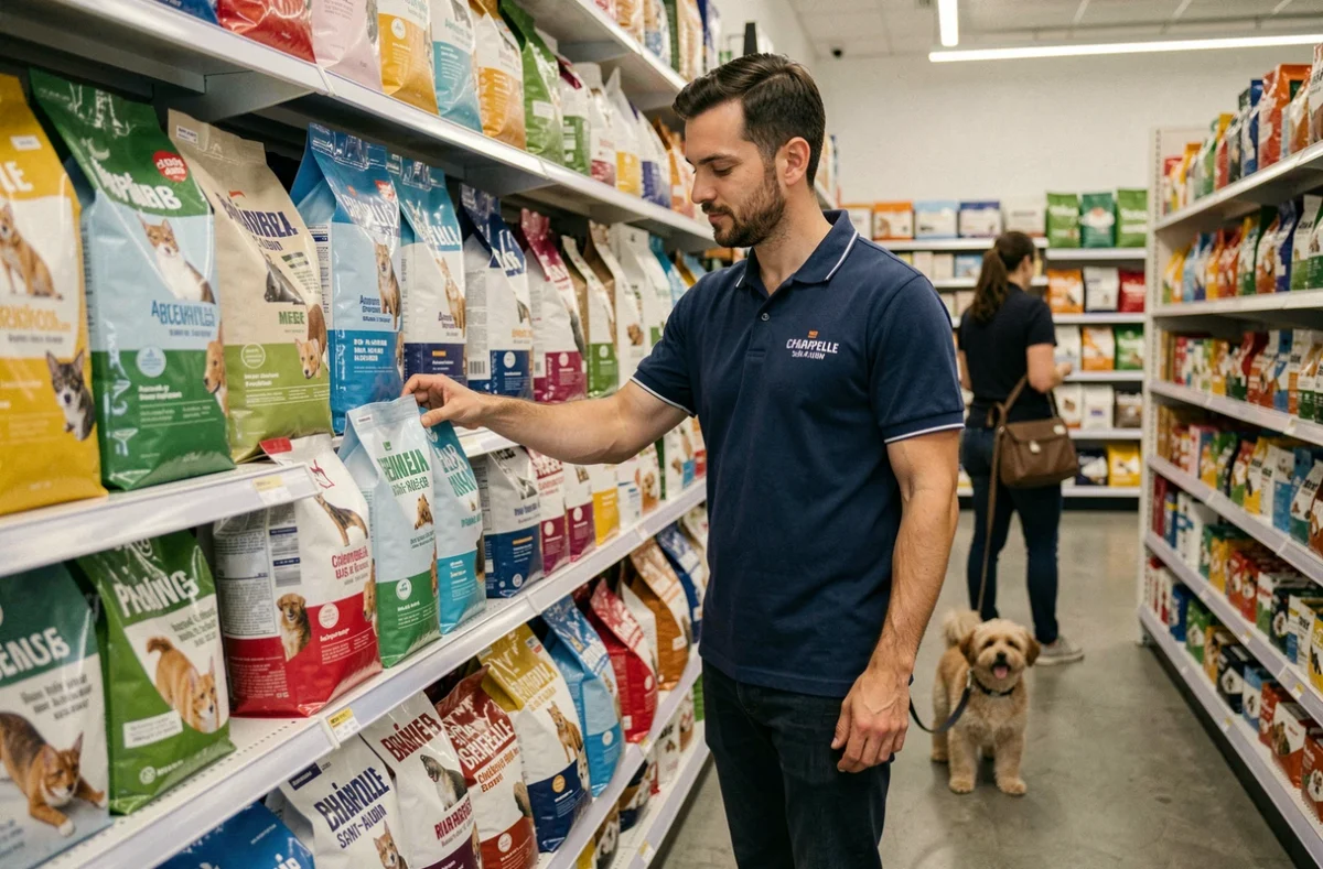 Employé d'Auberpets à La Chapelle-Saint-Aubin réapprovisionnant les rayons d'alimentation pour animaux dans un magasin moderne