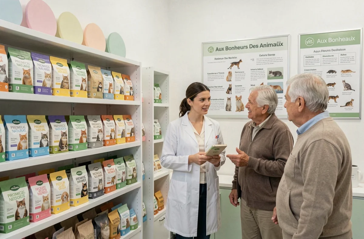 Rayon diététique d'Aux Bonheurs Des Animaux à Manosque avec conseillère et couple discutant de nutrition animale
