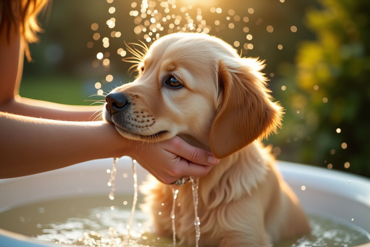 Chiot golden retriever being bathed dans le jardin en plein air