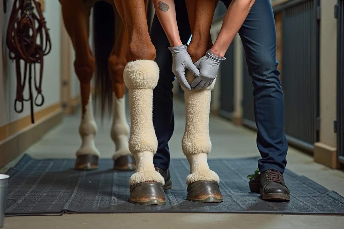 Application de bandages de repos sur les membres d'un cheval pour prévenir et traiter l'engorgement des jambes