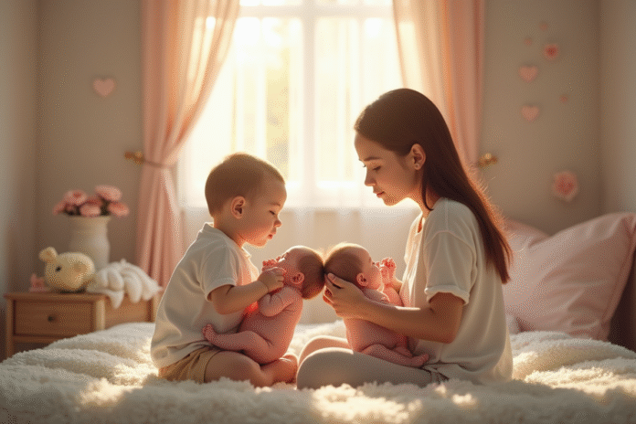 Parents donnant le biberon à des jumeaux conjoins dans une nurserie lumineuse