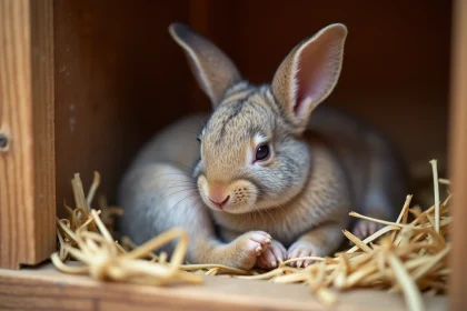 Bébé lapin nouveau-né recroquevillé dans un nid de foin et de fourrure dans un clapier en bois