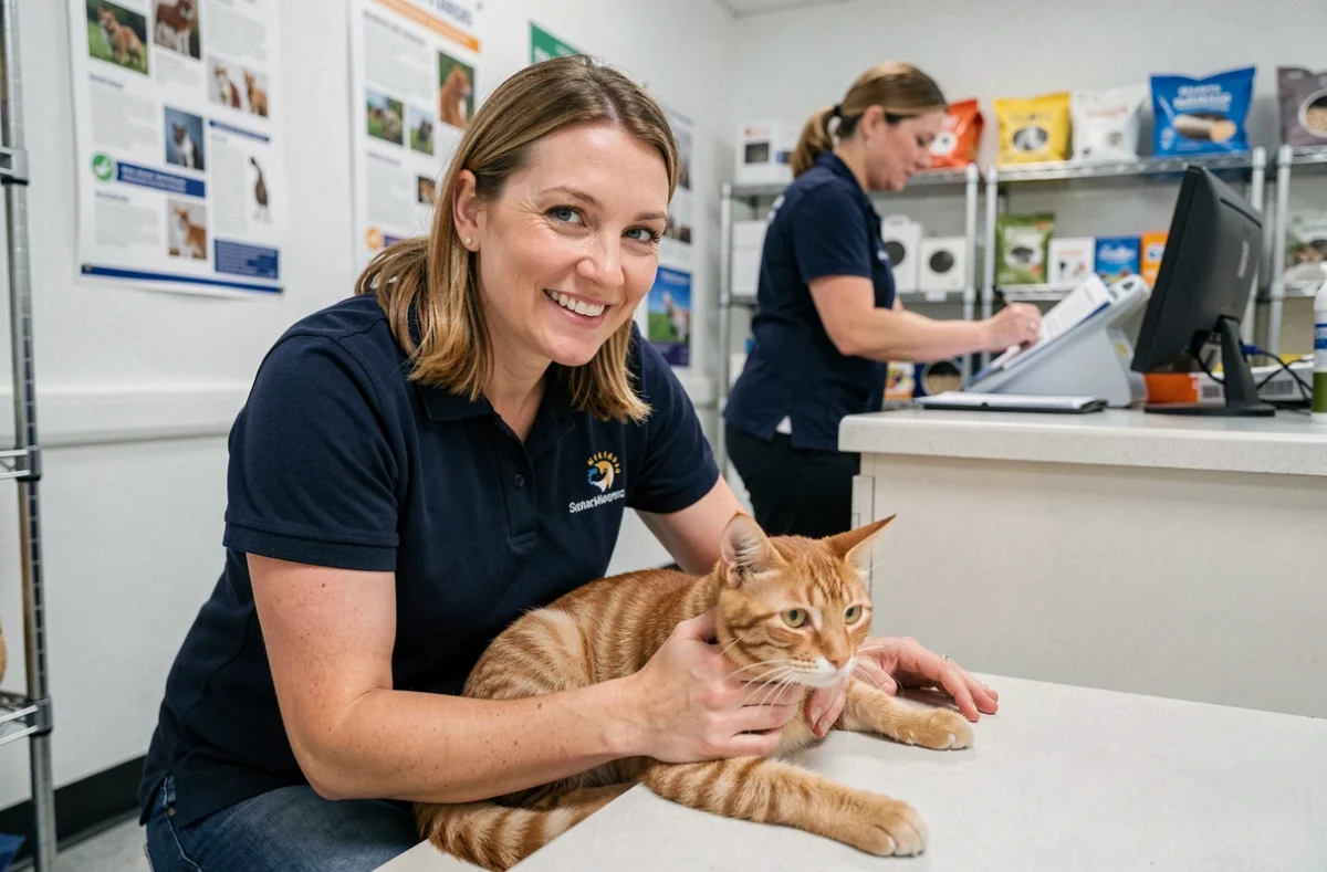 Bénévole d'une association qui accueille un chat abandonné à la réception d'un refuge