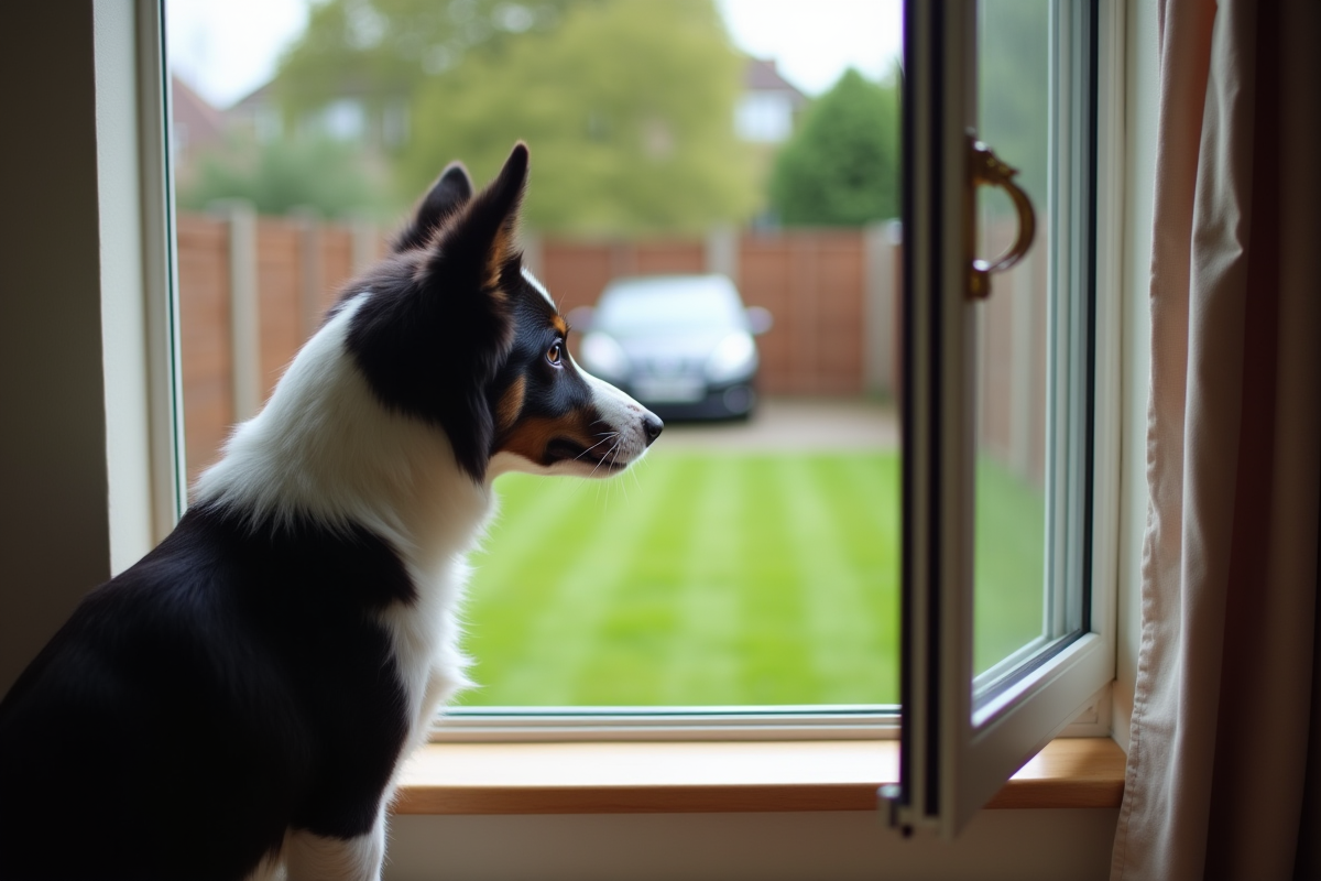 Jeune border collie regardant par la fenêtre dans le jardin