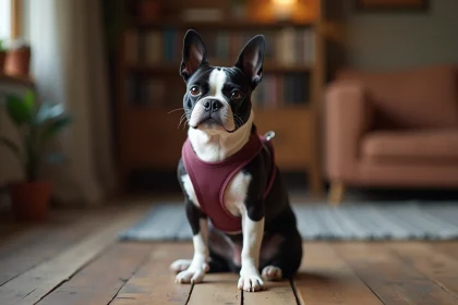 Boston Terrier adulte assis dans un appartement chaleureux, regardant l'objectif avec une expression calme et bienveillante
