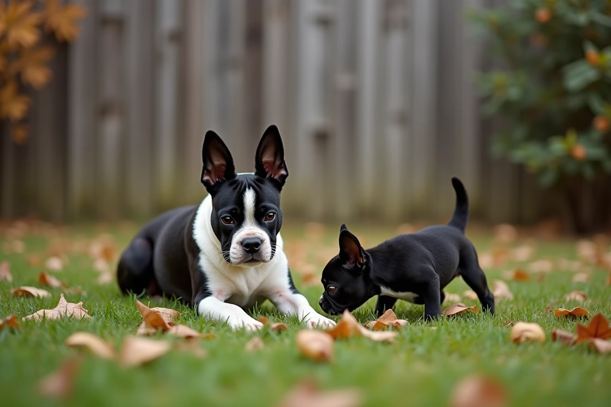 Boston Terrier adulte et chiot côte à côte dans un jardin en automne, illustrant la différence d'âge pour une adoption réfléchie