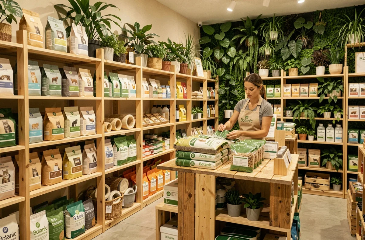 Rayon animalerie responsable chez Botanic à Aix-en-Provence avec produits bio et employée en tablier beige