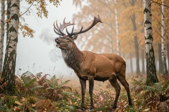 Cerf élaphe en plein brame dans une clairière brumeuse de forêt automnale, vapeur de souffle visible, ambiance silencieuse et sauvage