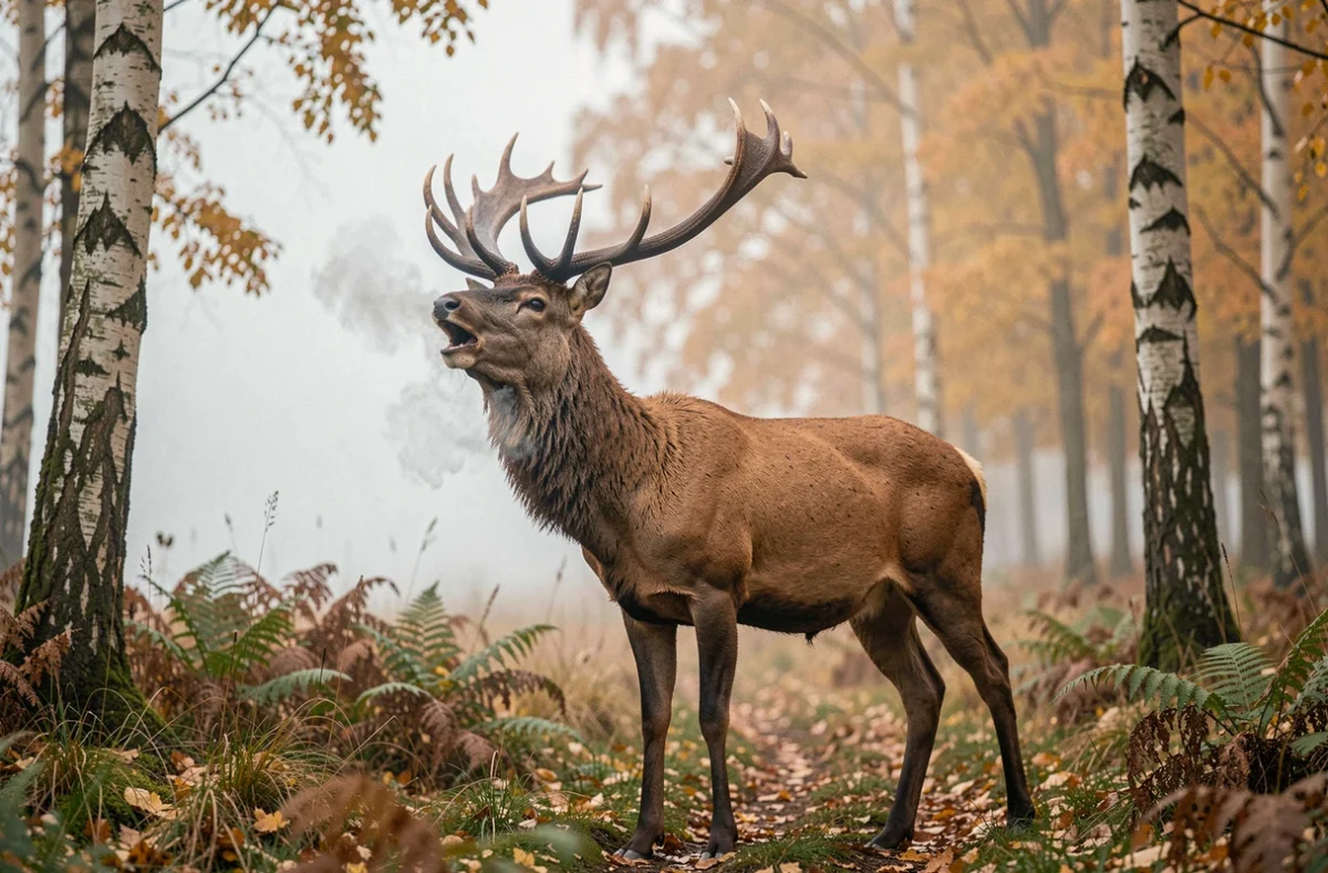 Cerf élaphe en plein brame dans une clairière brumeuse de forêt automnale, vapeur de souffle visible, ambiance silencieuse et sauvage