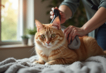 Personne brossant un chat calme à la maison