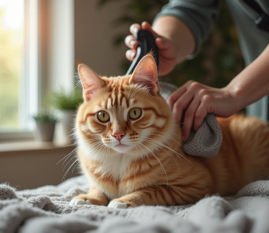 Personne brossant un chat calme à la maison