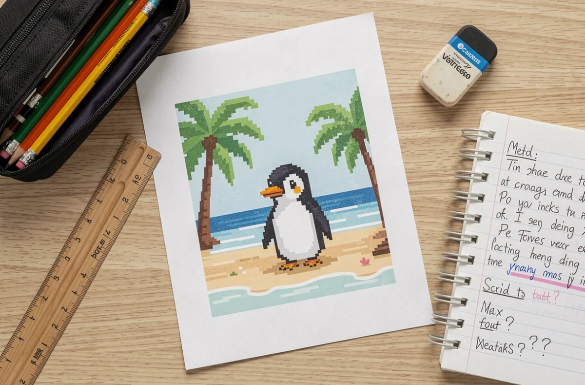 Vue aérienne d'un bureau d'élève avec une fiche d'exercice montrant un manchot pixelisé sur une plage entourée de notes manuscrites