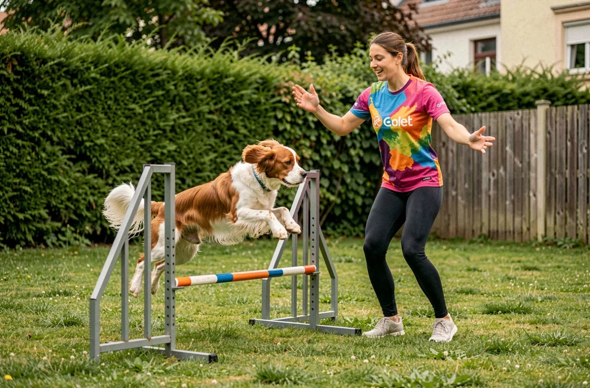 Une éducatrice de Canitopie guidant un cocker spaniel sur un parcours d'agilité dans un jardin suburban parisien