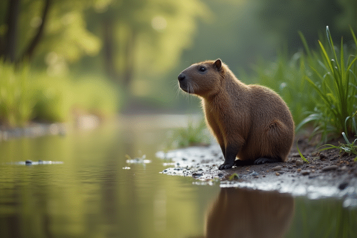 Capybara au bord d'une rivière au matin calme