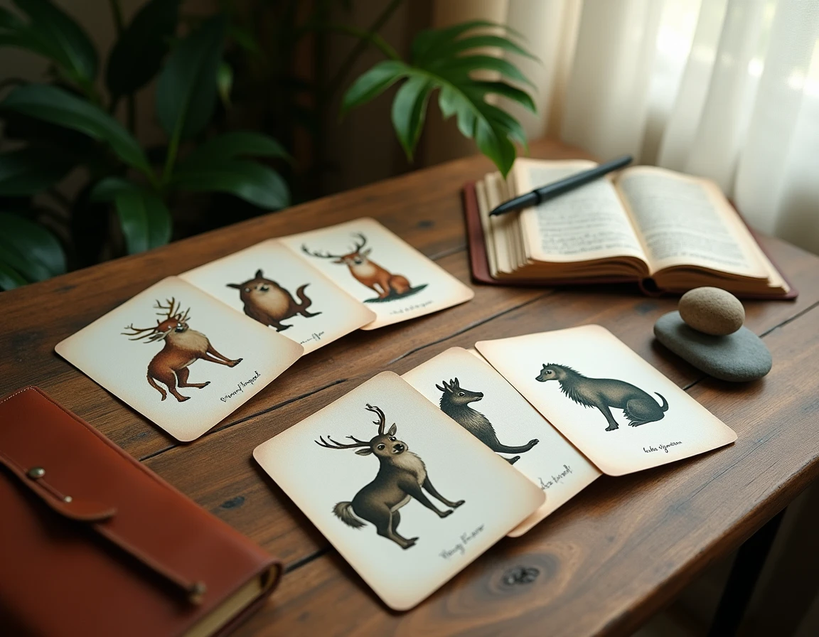 Tirage de cartes animal totem Ebm masa disposées en éventail sur une table en bois avec journal et objets naturels