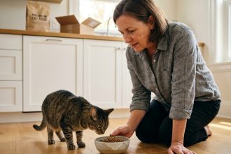 Femme qui change les croquettes de son chat en observant sa réaction devant un nouveau bol en céramique